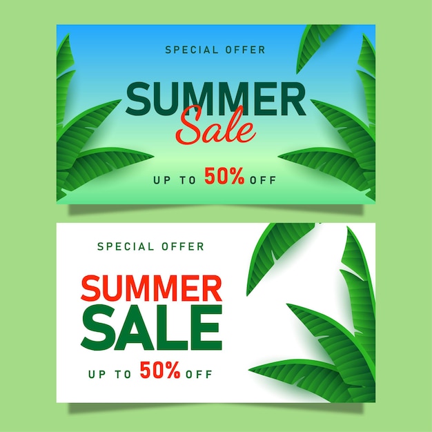 banner de venda de verão com folhas tropicais