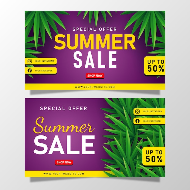 Banner de venda de verão com folhas tropicais