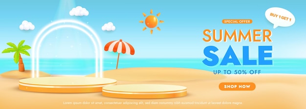 Banner de venda de verão com fundo com tema de praia e design de texto promocional