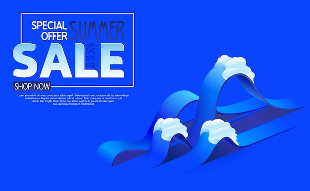 Banner de venda de verão com fundo de onda de corte de papel formas aqua fluidas isométricas banner de desconto de temporada