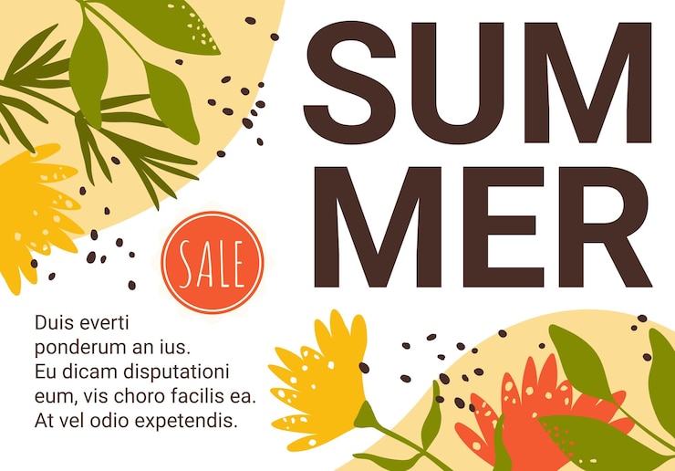 Vetor banner de venda de verão com plantas de flores silvestres, grama verde folhas formas geométricas