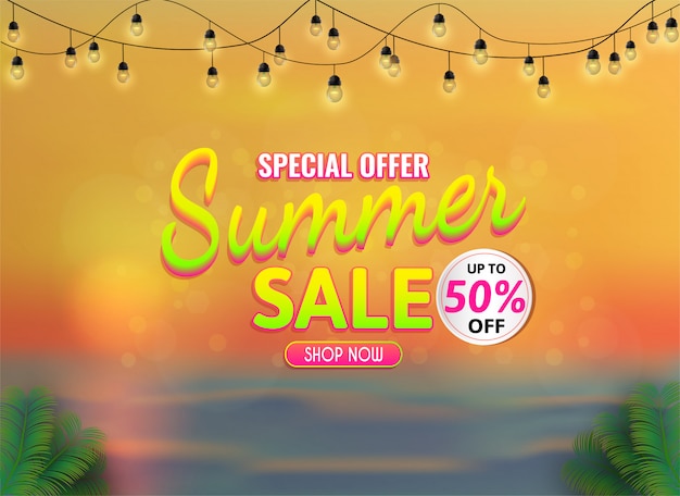 Vetor banner de venda de verão, oferta especial até 50% de desconto.