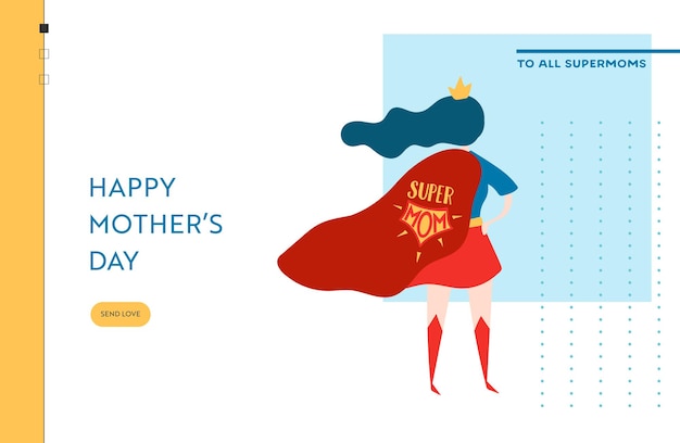 Banner de venda do dia das mães com a mãe do super-herói para a página inicial. promoção do dia das mães com desconto sazonal na primavera design para site, página da web. ilustração vetorial