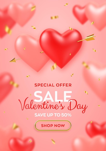 Banner de venda do dia dos namorados. acople balões 3d realistas em forma de coração vermelho e rosa, perfurados por uma seta dourada de cupidos e confetes.
