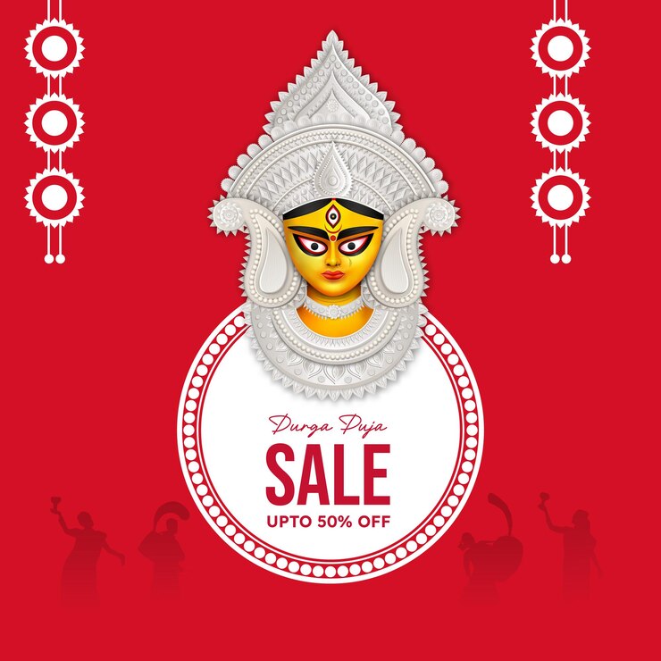 Vetor banner de venda durga puja para festival oferece etiquetas de vendas com desconto design criativo