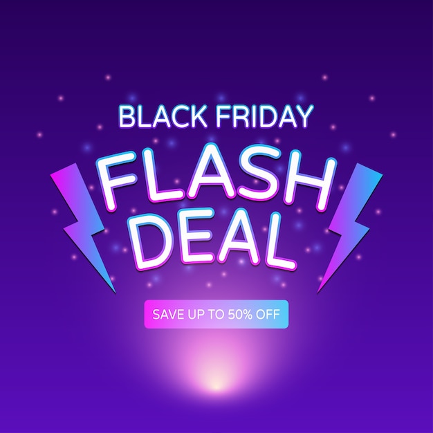 Vetor banner de venda flash black friday com relâmpago e luz de néon