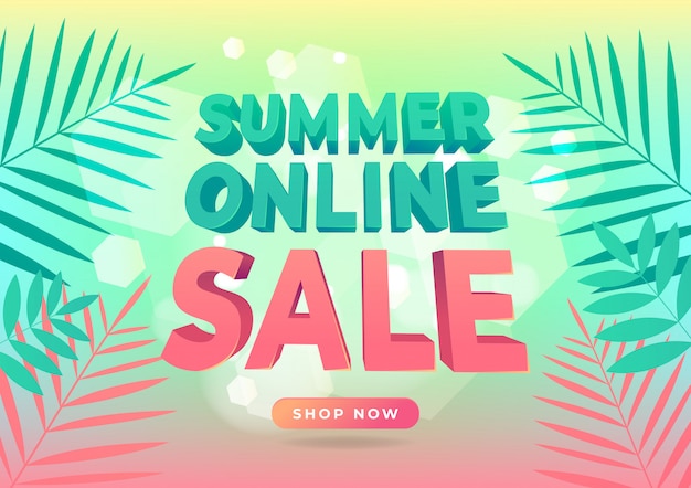 Banner de venda on-line de verão em estilo moderno com folhas tropicais.