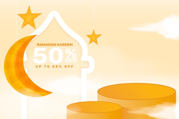 Banner de venda ramadan kareem realista com pódio 3d e moldura de desconto