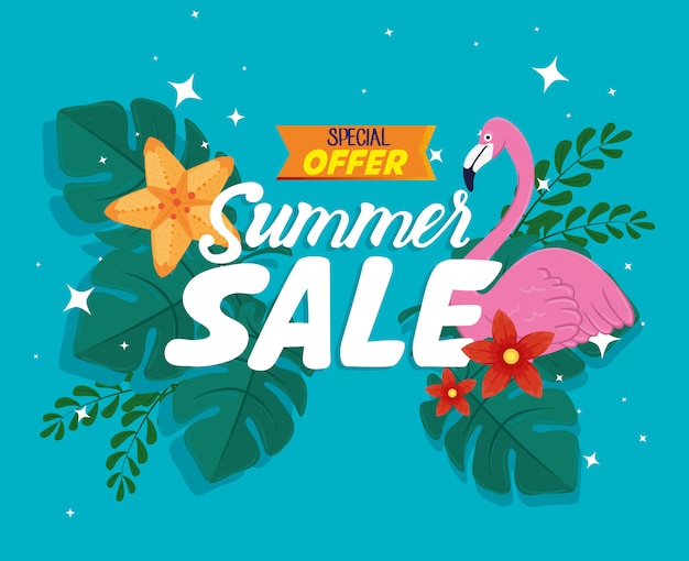 Banner de venda verão, desconto de temporada com flamingo, flores e folhas tropicais, convite para fazer compras com etiqueta de oferta especial de venda de verão, cartão de oferta especial