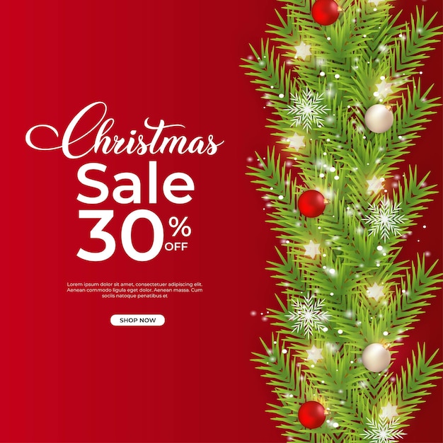 Banner de vendas de natal com 30% de desconto, banner de células de folha de natal realista com floco de neve de bola de decoração de fundo vermelho