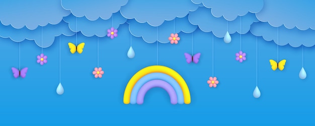 Banner de verão bonito 3d flores de arco-íris gotas de chuva borboletas e nuvens de papel em um céu azul