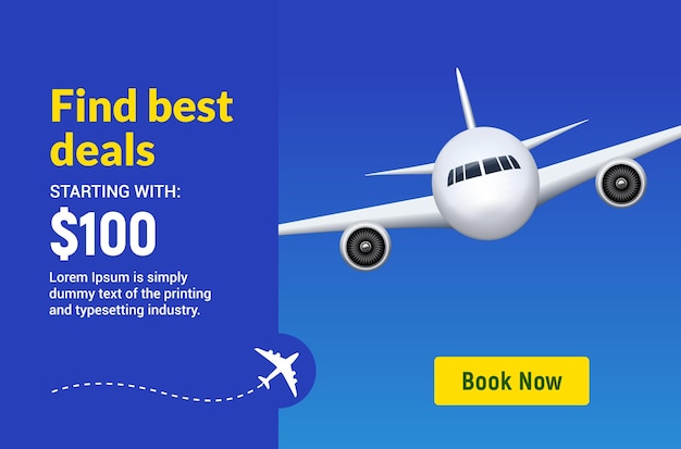 Banner de viagem de viagem de voo para reserva on-line Vetor Modelo promocional de design de venda on-line de passagem de avião