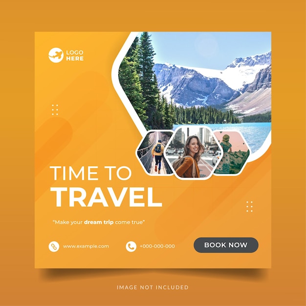 Banner de viagem laranja moderno para postagem de mídia social de férias