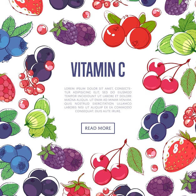 Banner de vitaminas naturais com frutas vermelhas