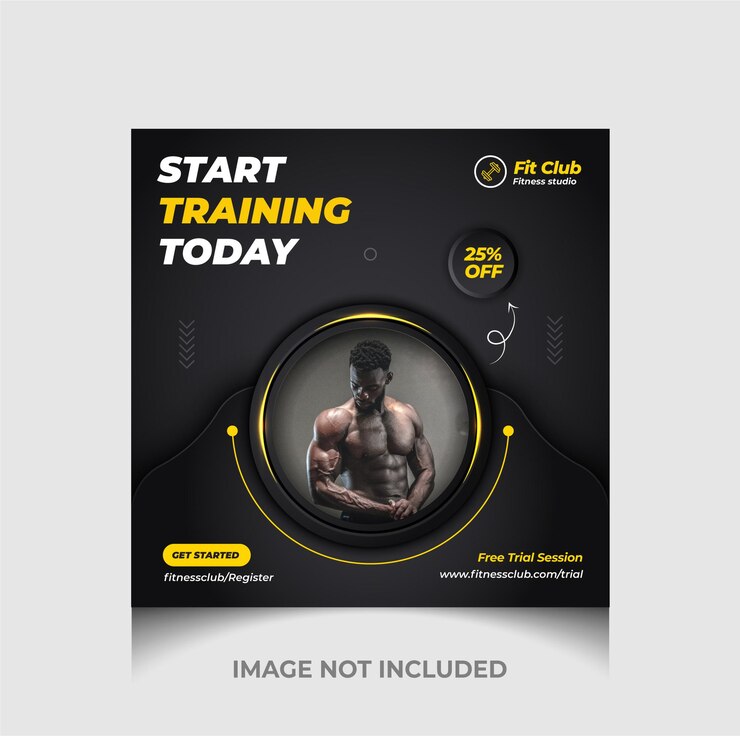 Banner de web de promoção de mídia social de academia de ginástica e postagem de instagram com luxo preto Premium Vector