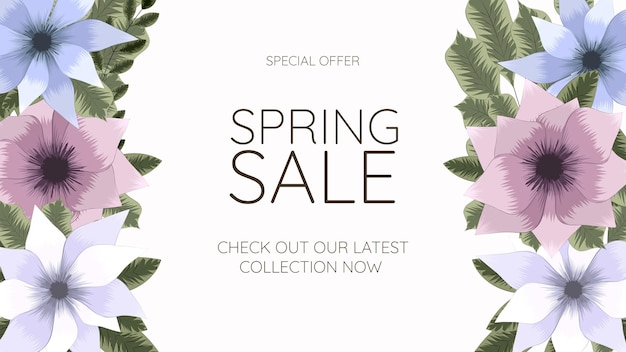 Banner de web de venda de primavera. fundo multicolorido com moldura floral editável