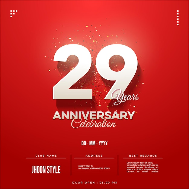 Banner do 29º aniversário em fundo vermelho brilhante.