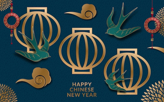 Banner do ano lunar com lanterna e flores em estilo de arte de papel