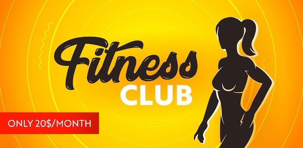 Banner do clube de fitness, conceito de promoção sazonal. cartaz de esportes com a silhueta do corpo feminino atlético slim fit em fundo amarelo, banner promocional de esporte ou folheto para academia. ilustração vetorial