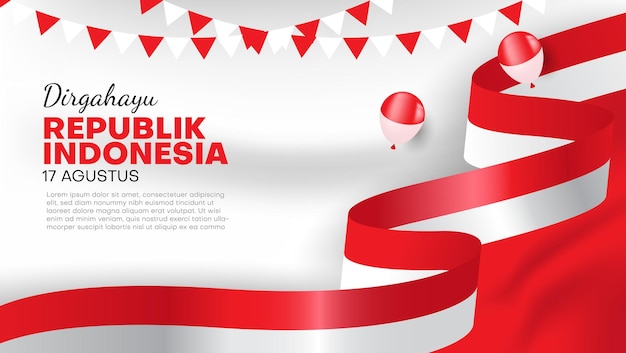 Banner do dia da independência da indonésia com balões de fita de bandeira indonésia e confetes