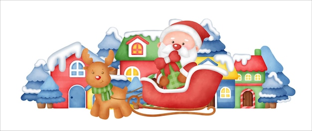 Banner do dia de natal com um papai noel e amigos na aldeia de neve.