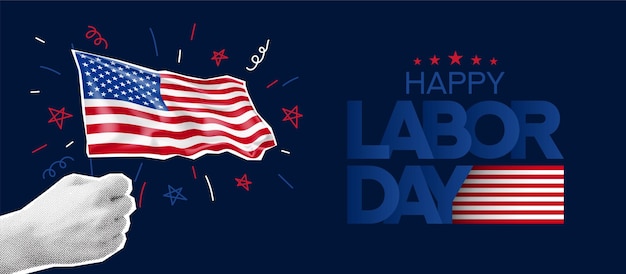 Banner do Dia do Trabalho dos Estados Unidos Banner de promoção para o Dia do trabalho dos Estados Unidos com mão de meio tom segurando a bandeira dos Estados Unidos Vector