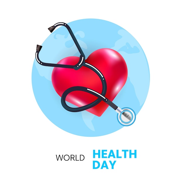 Vetor banner do dia mundial da saúde com coração e estetoscópio