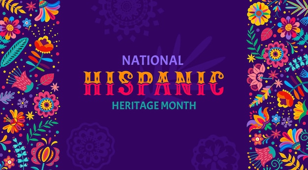 Banner do festival do mês da herança hispânica nacional com flores tropicais e plantas vetor padrão cartão de celebração do feriado da cultura hispano-americana com bordas de ornamentos florais étnicos de desenhos animados