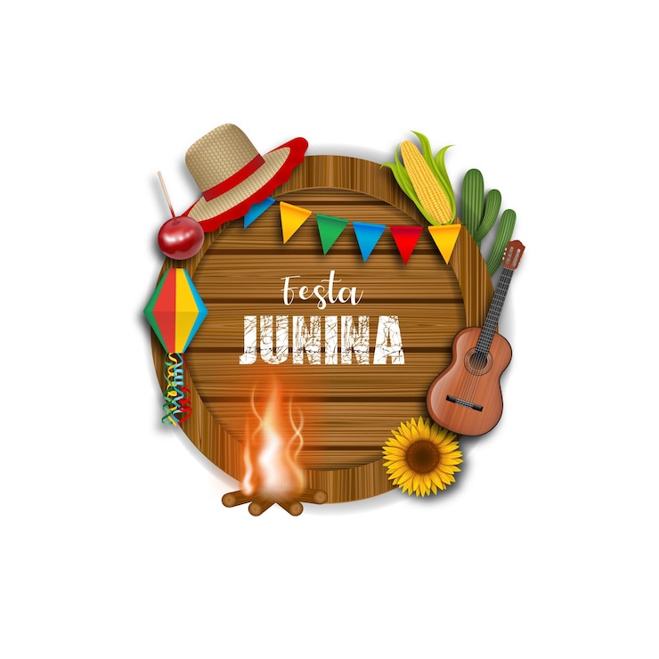Vetor banner do festival junino com tabuleiro de madeira com elementos e símbolos de festa junina