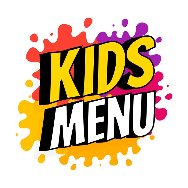 Banner do menu infantil com inscrição no pano de fundo de saltos coloridos de tintas. Ilustração vetorial