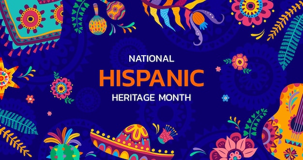 Banner do mês da herança hispânica nacional com flores tropicais e fundo vetorial do festival de férias sombrero tradições culturais hispano-americanas e pôster de herança artística com poncho e guitarra