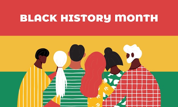 Banner do mês da história negra com o grupo de pessoas afro-americanas ilustração moderna de vetores planos