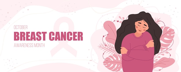 Banner do mês de conscientização do câncer de mama. mulher feliz se abraçando.