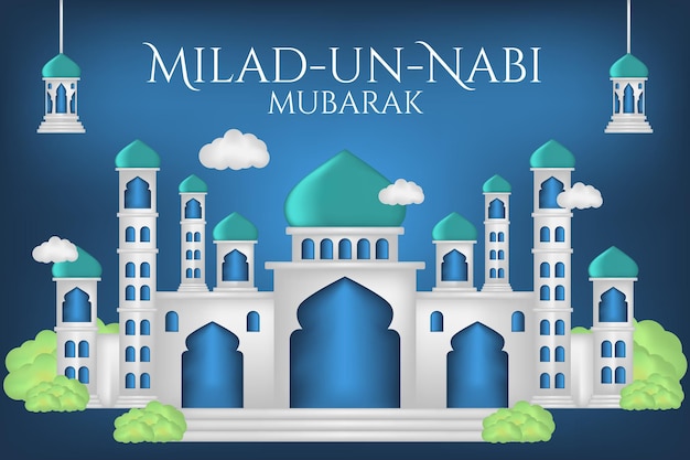 Banner do mês de nascimento do profeta com fundo de ilustração de mesquita