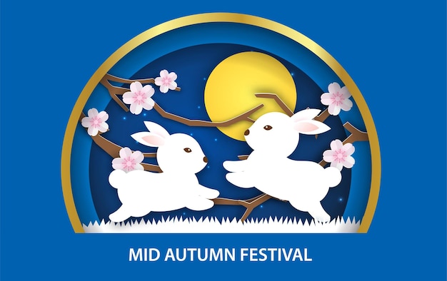 Banner do mid autumn festival com coelhos bonitos em estilo de corte de papel.