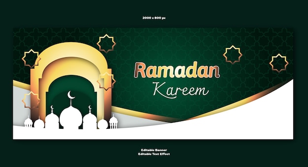 Banner do ramadã com efeito de texto editável e estilo de papel cortado na cor verde escuro
