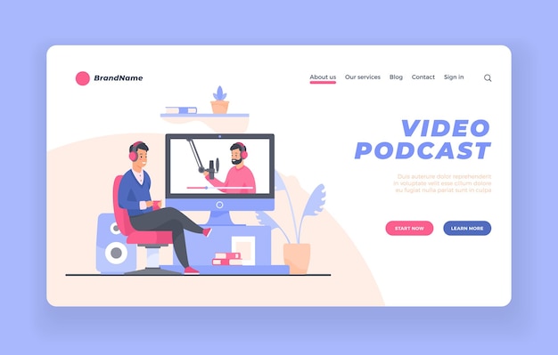 Vetor banner do site da página de destino do visualizador de podcast de vídeo ou modelo de pôster