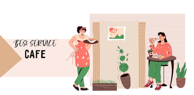 Banner do site ou modelo de página de destino com garçonetes de restaurante e vetor de desenho animado de cozinheiro