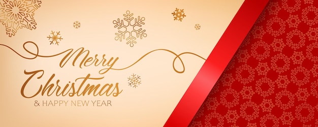 Vetor banner dourado festivo com texto feliz natal e feliz ano novo e lindos flocos de neve.