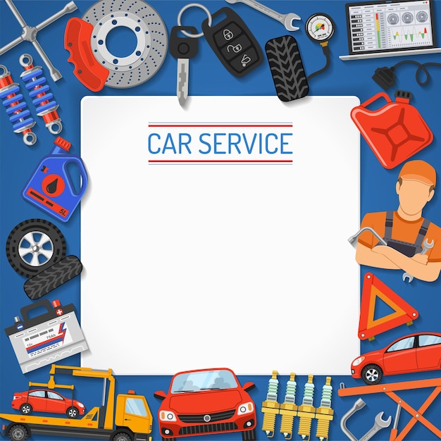 Banner e quadro de serviço de carro. reparação de automóveis, serviço de pneus com ícones planos para cartaz, web site, publicidade como laptop, caminhão de reboque, bateria, macaco, mecânico. ilustração vetorial