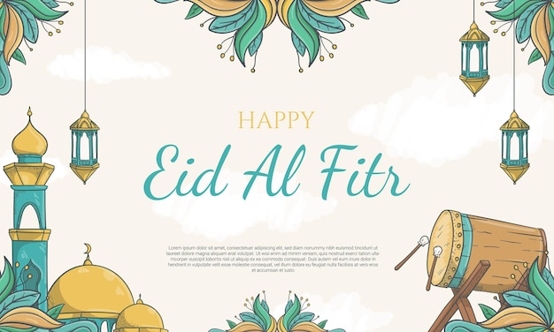 Banner eid al fitr desenhado à mão com ilustração de ornamento islâmico