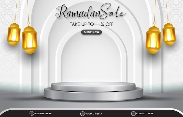 Banner elegante de modelo de desconto de venda do ramadã com pódio 3d de espaço em branco para venda de produtos com design de fundo branco gradiente abstrato