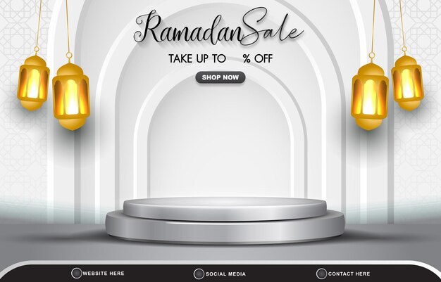 Banner elegante de modelo de desconto de venda do ramadã com pódio 3d de espaço em branco para venda de produtos com design de fundo branco gradiente abstrato