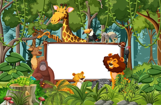 Banner em branco na cena da floresta tropical com animais selvagens