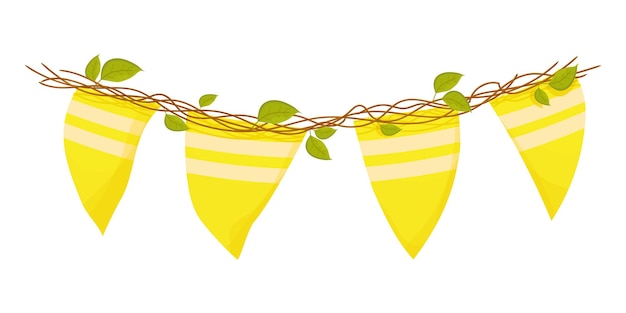 Banner em branco pendurando bandeiras com varas e folhas verdes para chás de bebê de páscoa de primavera