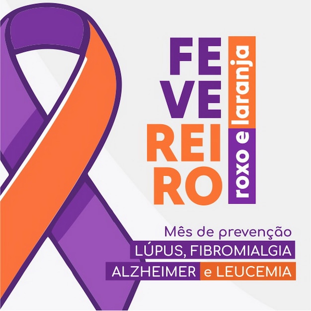 Vetor banner em português fevereiro prevenção brasil campanha fevereiro roxo e laranja leucemia câncer
