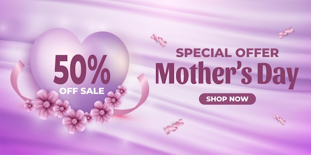 banner especial do dia das mães com desconto de 50 na venda com formato personalizado branco e desconto na etiqueta rosa