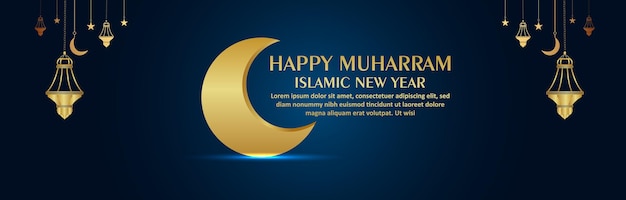 Banner feliz muharram do festival islâmico com lanterna dourada islâmica e lua