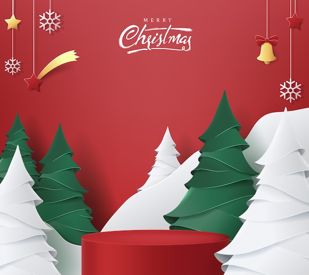 Banner feliz natal com display de produto em formato cilíndrico