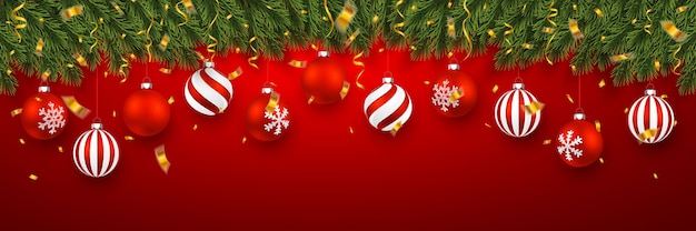 Banner festivo de natal com galhos de pinheiro-alvar com confete e bolas vermelhas de natal.